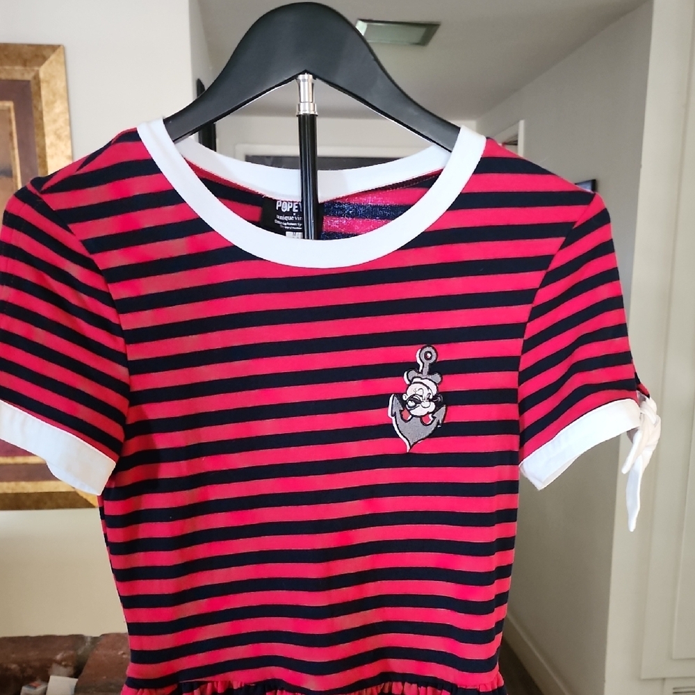 Popeye x Unique Vintage Red & Black Striped Retro Fit & Flare Dress - Picture 3 of 11